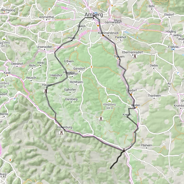 Map miniature of "Exploring the Juradistl Region" cycling inspiration in Oberpfalz, Germany. Generated by Tarmacs.app cycling route planner