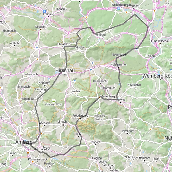 Karten-Miniaturansicht der Radinspiration "Rundtour Hirschau und Umgebung" in Oberpfalz, Germany. Erstellt vom Tarmacs.app-Routenplaner für Radtouren