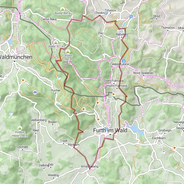 Map miniature of "Gravel Adventure in the Arnschwang Countryside" cycling inspiration in Oberpfalz, Germany. Generated by Tarmacs.app cycling route planner