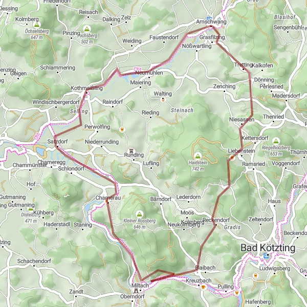 Map miniature of "Scenic Gravel Ride from Arnschwang" cycling inspiration in Oberpfalz, Germany. Generated by Tarmacs.app cycling route planner