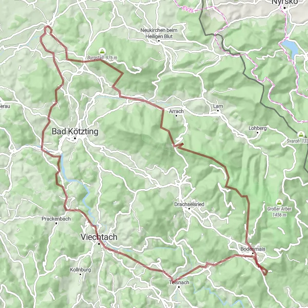 Map miniature of "Ultimate Gravel Adventure: Arnschwang to Birkenberg" cycling inspiration in Oberpfalz, Germany. Generated by Tarmacs.app cycling route planner