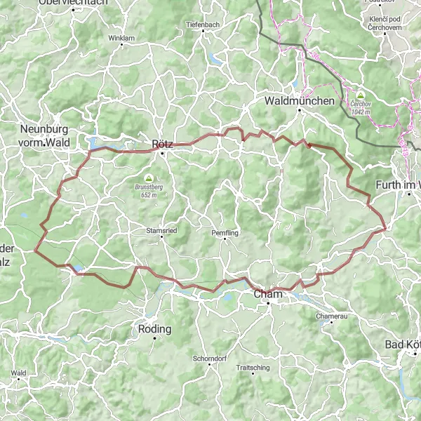 Map miniature of "The Gravel Adventure of Arnschwang" cycling inspiration in Oberpfalz, Germany. Generated by Tarmacs.app cycling route planner