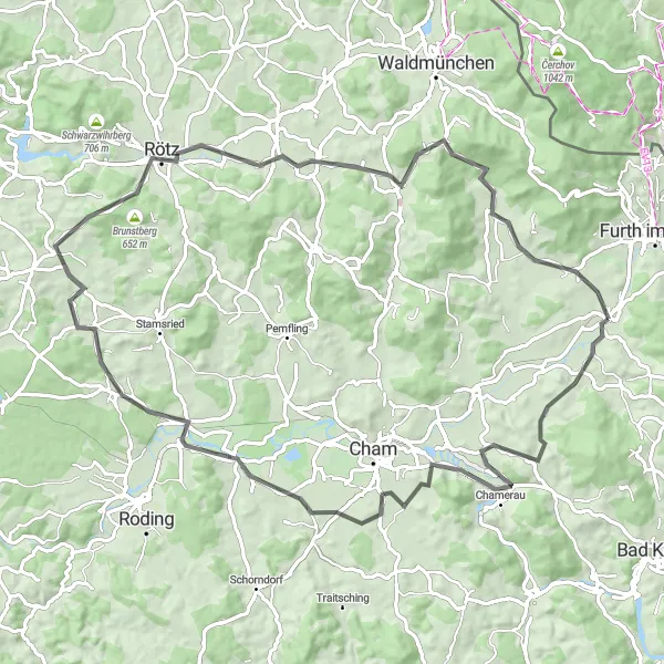 Map miniature of "Rounding the Countryside: Arnschwang Road Cycling" cycling inspiration in Oberpfalz, Germany. Generated by Tarmacs.app cycling route planner