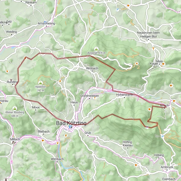 Map miniature of "Riedelstein Gravel Adventure" cycling inspiration in Oberpfalz, Germany. Generated by Tarmacs.app cycling route planner