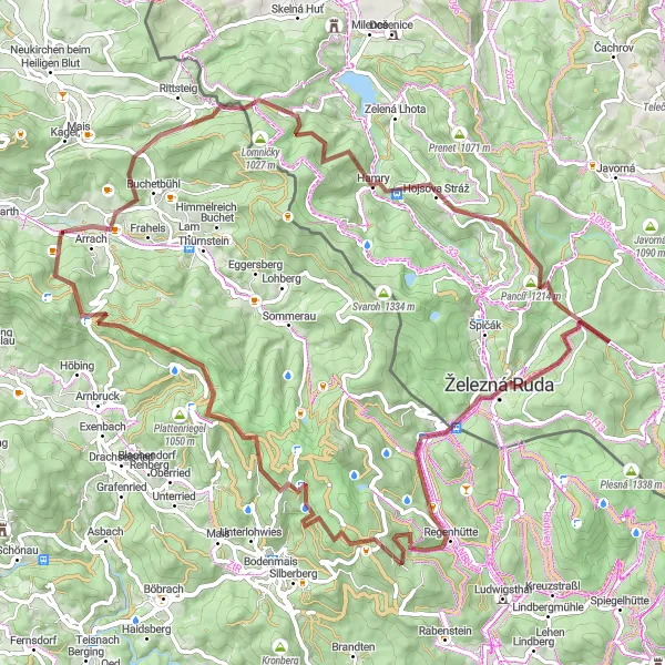 Map miniature of "Mountains and Castles Gravel Discovery" cycling inspiration in Oberpfalz, Germany. Generated by Tarmacs.app cycling route planner