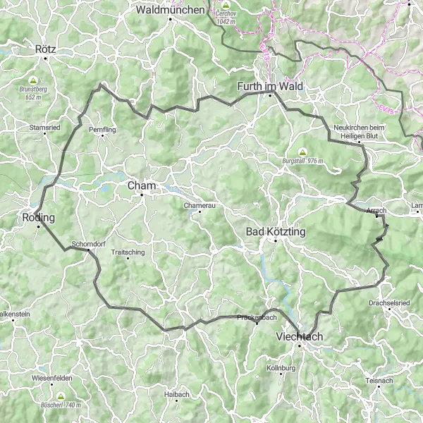 Map miniature of "Bavarian Road Adventure" cycling inspiration in Oberpfalz, Germany. Generated by Tarmacs.app cycling route planner