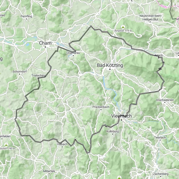 Map miniature of "Epic Road Cycling Tour around Arrach" cycling inspiration in Oberpfalz, Germany. Generated by Tarmacs.app cycling route planner