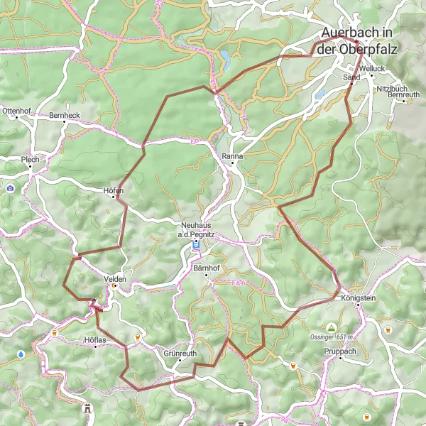 Map miniature of "Ossinger and Giebelstein Gravel Adventure" cycling inspiration in Oberpfalz, Germany. Generated by Tarmacs.app cycling route planner