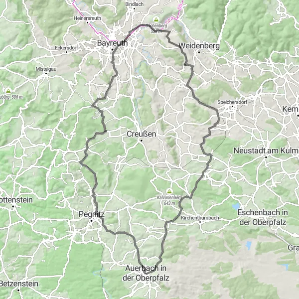 Map miniature of "Auerbach - Pegnitz - Bayreuth Loop" cycling inspiration in Oberpfalz, Germany. Generated by Tarmacs.app cycling route planner