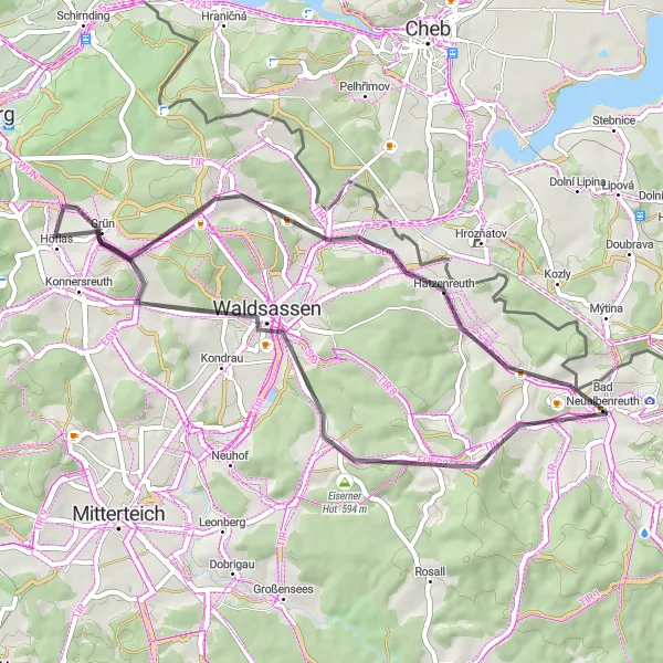 Karten-Miniaturansicht der Radinspiration "Panorama-Tour nach Waldsassen und Egerteich" in Oberpfalz, Germany. Erstellt vom Tarmacs.app-Routenplaner für Radtouren