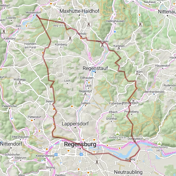 Karten-Miniaturansicht der Radinspiration "Gravel Route um Regensburg" in Oberpfalz, Germany. Erstellt vom Tarmacs.app-Routenplaner für Radtouren
