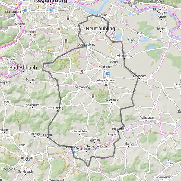 Map miniature of "Mintraching and Schierling Road Tour" cycling inspiration in Oberpfalz, Germany. Generated by Tarmacs.app cycling route planner