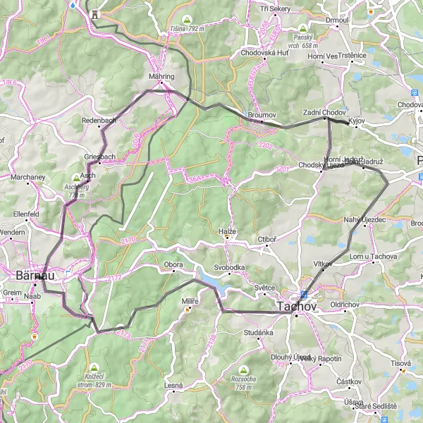 Map miniature of "Road Tour to Tachov" cycling inspiration in Oberpfalz, Germany. Generated by Tarmacs.app cycling route planner