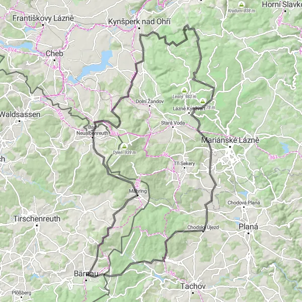 Karten-Miniaturansicht der Radinspiration "Bärnau - Lázně Kynžvart - Bärnau" in Oberpfalz, Germany. Erstellt vom Tarmacs.app-Routenplaner für Radtouren