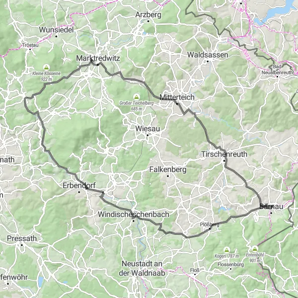 Map miniature of "The hilly circuit with historic landmarks" cycling inspiration in Oberpfalz, Germany. Generated by Tarmacs.app cycling route planner