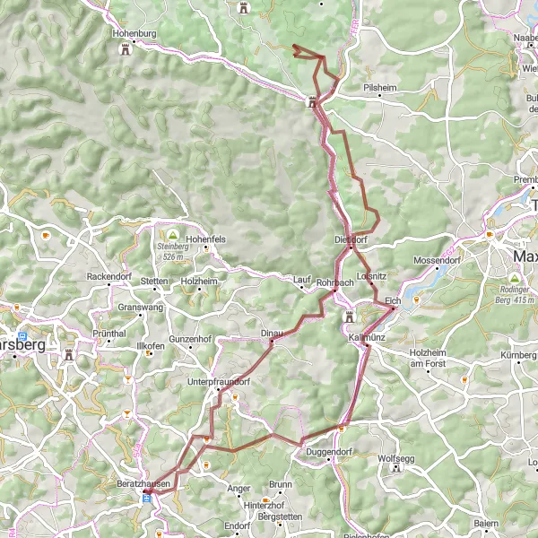 Map miniature of "The Picturesque Gravel Adventure" cycling inspiration in Oberpfalz, Germany. Generated by Tarmacs.app cycling route planner