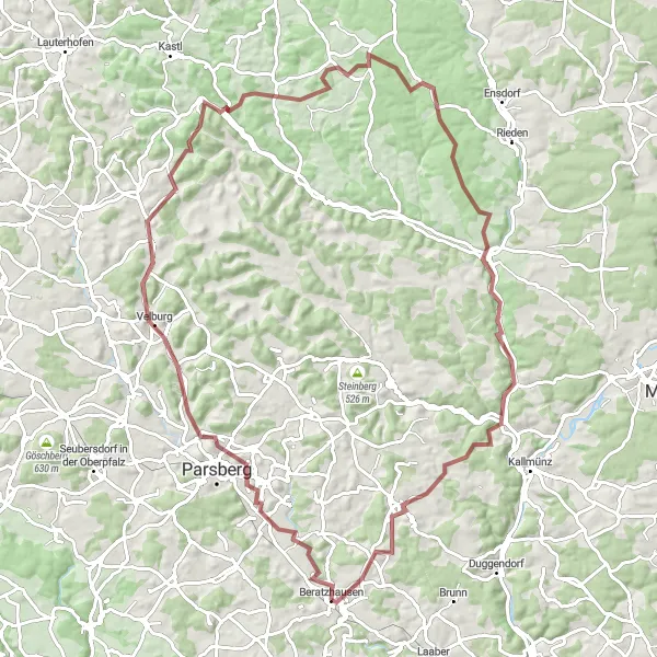Karten-Miniaturansicht der Radinspiration "Abenteuerliche Gravel-Tour um Beratzhausen" in Oberpfalz, Germany. Erstellt vom Tarmacs.app-Routenplaner für Radtouren