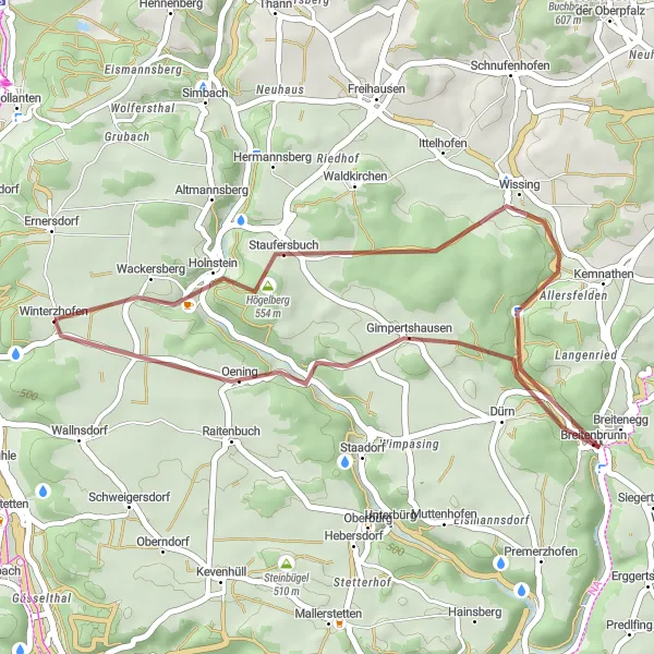 Karten-Miniaturansicht der Radinspiration "Kurze, aber anspruchsvolle Schottertour durch Högelberg und Gimpertshausen" in Oberpfalz, Germany. Erstellt vom Tarmacs.app-Routenplaner für Radtouren