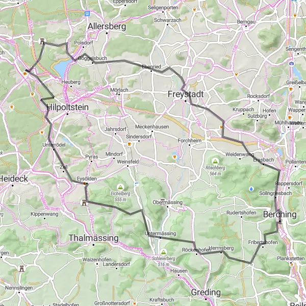 Karten-Miniaturansicht der Radinspiration "Panorama-Radtour durch Eckersmühlen und Freystadt" in Oberpfalz, Germany. Erstellt vom Tarmacs.app-Routenplaner für Radtouren