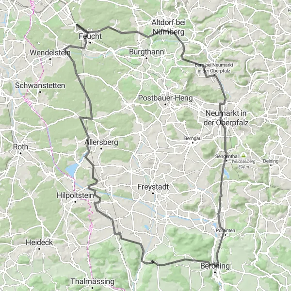 Map miniature of "Berching - Viehhausen - Weinsfeld - Schloss Appelhof - Feucht – Winkelhaid - Neumarkt in der Oberpfalz - Schleuse 30 - Schöne Aussicht" cycling inspiration in Oberpfalz, Germany. Generated by Tarmacs.app cycling route planner