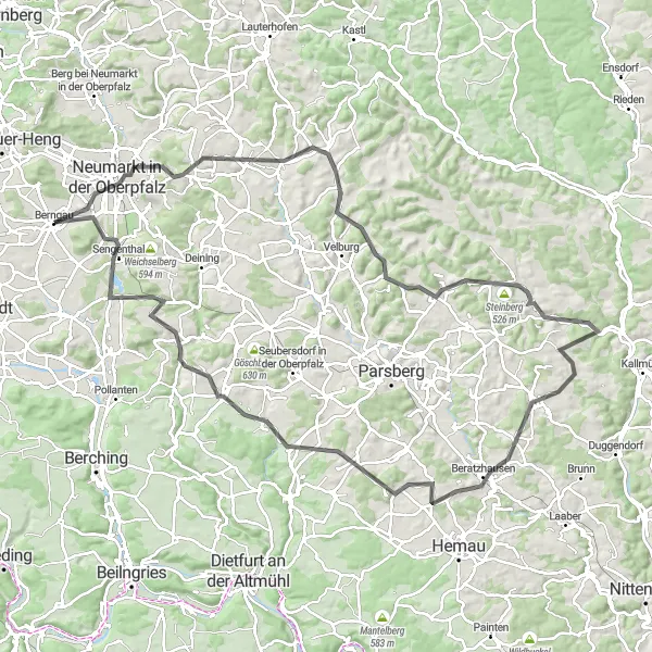 Karten-Miniaturansicht der Radinspiration "Erkundungstour durch Neumarkt in der Oberpfalz und Hohenfels" in Oberpfalz, Germany. Erstellt vom Tarmacs.app-Routenplaner für Radtouren