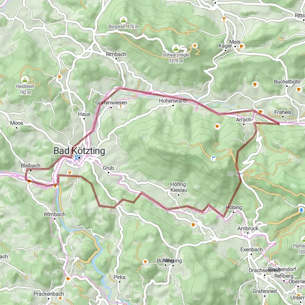 Map miniature of "Blaibach Exploration" cycling inspiration in Oberpfalz, Germany. Generated by Tarmacs.app cycling route planner