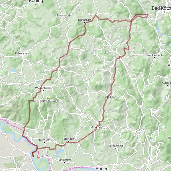 Map miniature of "The Rugged Gravel Adventure" cycling inspiration in Oberpfalz, Germany. Generated by Tarmacs.app cycling route planner