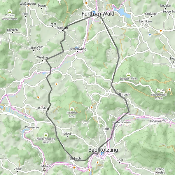 Map miniature of "Road Adventure to Bad Kötzting" cycling inspiration in Oberpfalz, Germany. Generated by Tarmacs.app cycling route planner