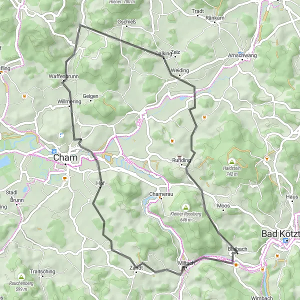 Map miniature of "Road Adventure to Waffenbrunn" cycling inspiration in Oberpfalz, Germany. Generated by Tarmacs.app cycling route planner