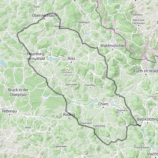 Map miniature of "The Forests and Castles Loop" cycling inspiration in Oberpfalz, Germany. Generated by Tarmacs.app cycling route planner