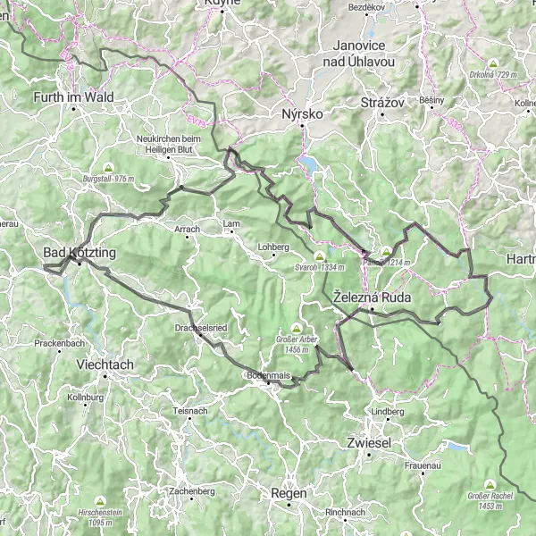 Map miniature of "The Mountain Adventure" cycling inspiration in Oberpfalz, Germany. Generated by Tarmacs.app cycling route planner