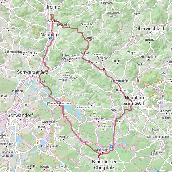 Map miniature of "Gravel Adventure in Oberpfalz" cycling inspiration in Oberpfalz, Germany. Generated by Tarmacs.app cycling route planner