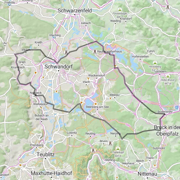 Map miniature of "Discover the Rich History of Schwandorf on a Scenic Road Ride" cycling inspiration in Oberpfalz, Germany. Generated by Tarmacs.app cycling route planner