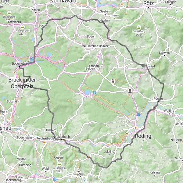 Map miniature of "Challenging Hill Climbs around Bodenwöhr" cycling inspiration in Oberpfalz, Germany. Generated by Tarmacs.app cycling route planner