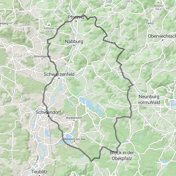 Map miniature of "Conquer the Schwandorf Challenge on a Scenic Road Ride" cycling inspiration in Oberpfalz, Germany. Generated by Tarmacs.app cycling route planner