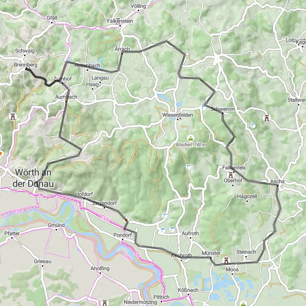 Map miniature of "From Burgruine Brennberg to Wörth an der Donau" cycling inspiration in Oberpfalz, Germany. Generated by Tarmacs.app cycling route planner