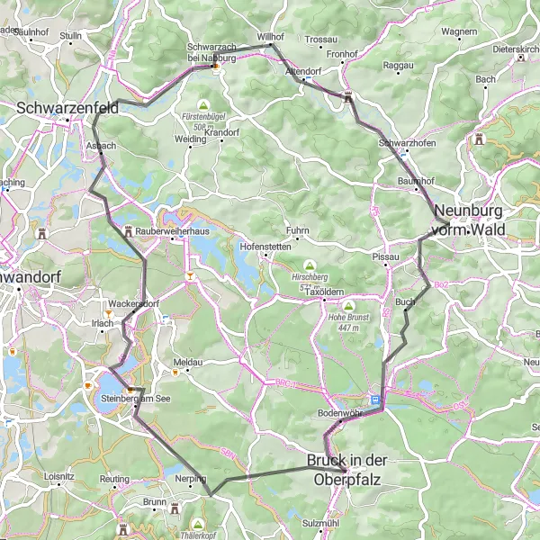 Map miniature of "Road Route from Bruck to Gemeindeberg" cycling inspiration in Oberpfalz, Germany. Generated by Tarmacs.app cycling route planner