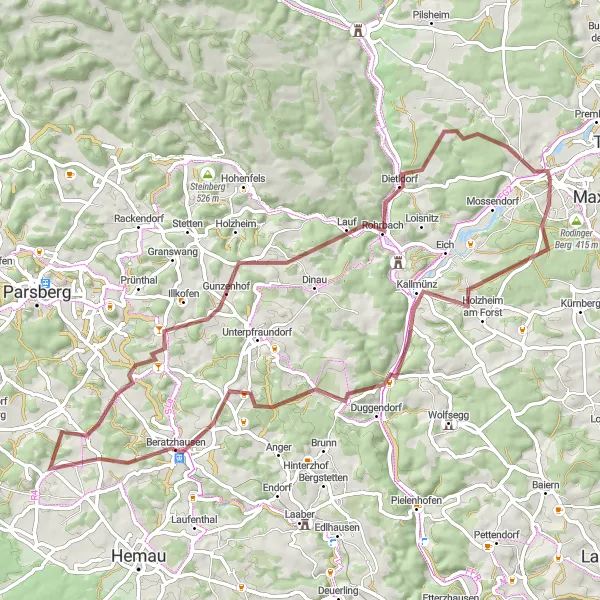 Karten-Miniaturansicht der Radinspiration "Burglengenfeld - Rund um Kallmünz" in Oberpfalz, Germany. Erstellt vom Tarmacs.app-Routenplaner für Radtouren