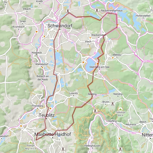 Karten-Miniaturansicht der Radinspiration "Graveltour Pavillon - Maxhütte-Haidhof" in Oberpfalz, Germany. Erstellt vom Tarmacs.app-Routenplaner für Radtouren