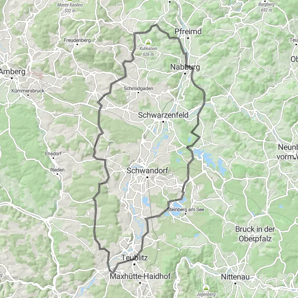 Map miniature of "Road Cycling Challenge across Trisching and Hasenberg" cycling inspiration in Oberpfalz, Germany. Generated by Tarmacs.app cycling route planner