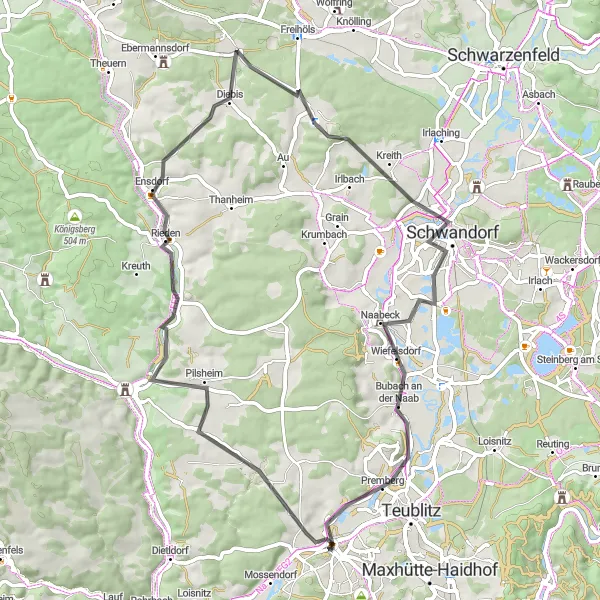 Map miniature of "Scenic Road Cycling Loop to Pilsheim and Premierberg" cycling inspiration in Oberpfalz, Germany. Generated by Tarmacs.app cycling route planner