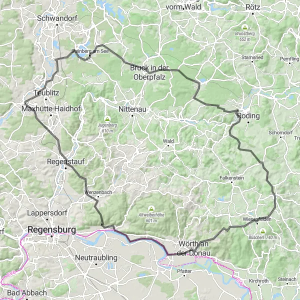 Map miniature of "Challenging Road Cycling Loop to Viechtberg and Donaustauf" cycling inspiration in Oberpfalz, Germany. Generated by Tarmacs.app cycling route planner