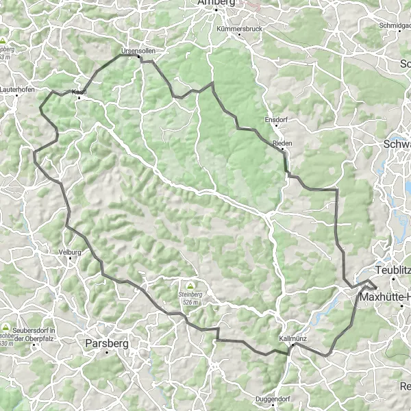 Map miniature of "Challenging Circuit: Burglengenfeld to Ursensollen" cycling inspiration in Oberpfalz, Germany. Generated by Tarmacs.app cycling route planner