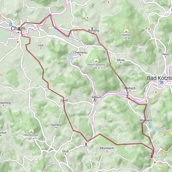 Map miniature of "Tranquil Gravel Loop: Runding to Blaibach" cycling inspiration in Oberpfalz, Germany. Generated by Tarmacs.app cycling route planner