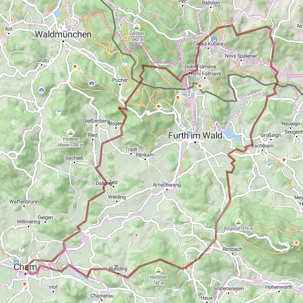 Karten-Miniaturansicht der Radinspiration "Herausforderung Kreuzfelsen - Rund um Runding" in Oberpfalz, Germany. Erstellt vom Tarmacs.app-Routenplaner für Radtouren