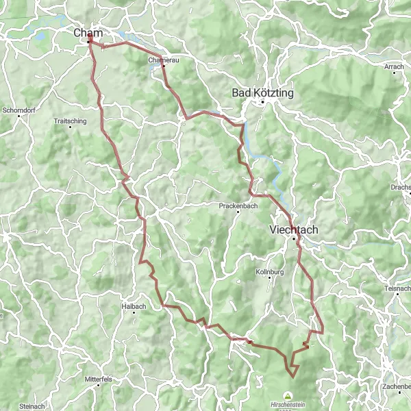 Map miniature of "Exploring the Gravel Paths of Cham" cycling inspiration in Oberpfalz, Germany. Generated by Tarmacs.app cycling route planner