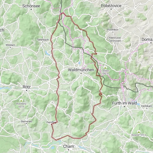 Map miniature of "Pemfling and Černá Řeka Adventure" cycling inspiration in Oberpfalz, Germany. Generated by Tarmacs.app cycling route planner