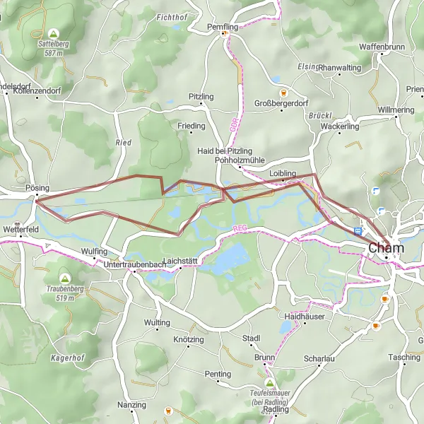 Karten-Miniaturansicht der Radinspiration "Rund um Pösing - Natur und Kultur entdecken" in Oberpfalz, Germany. Erstellt vom Tarmacs.app-Routenplaner für Radtouren