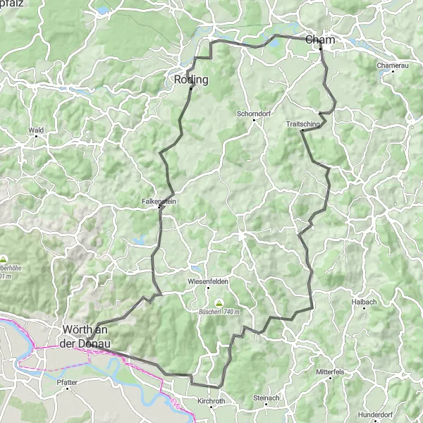 Karten-Miniaturansicht der Radinspiration "Rundfahrt ab Cham - Schöne Donau" in Oberpfalz, Germany. Erstellt vom Tarmacs.app-Routenplaner für Radtouren