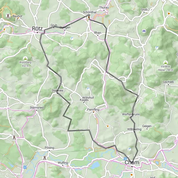 Map miniature of "Ponholzmühle and Luitpoldhöhe Loop" cycling inspiration in Oberpfalz, Germany. Generated by Tarmacs.app cycling route planner